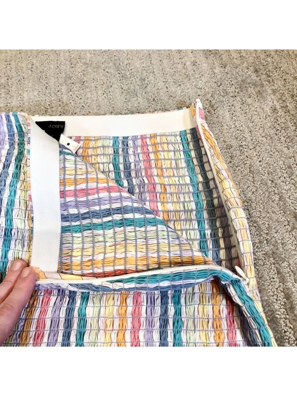 New J. Crew Re-Imagined Pastel Rainbow Striped Smocked Mermaid Midi Skirt size 0